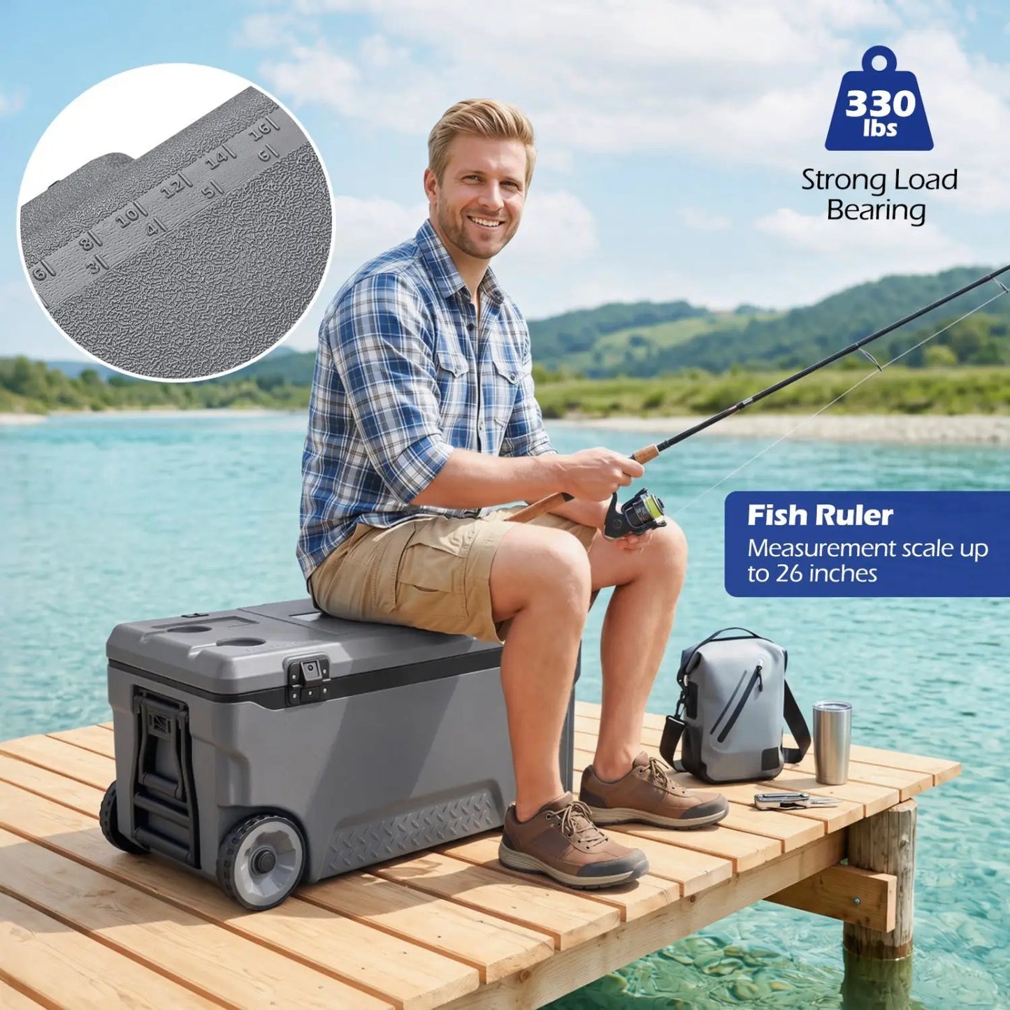 74 Quart Roller Cooler with Wheels and Fish Ruler
