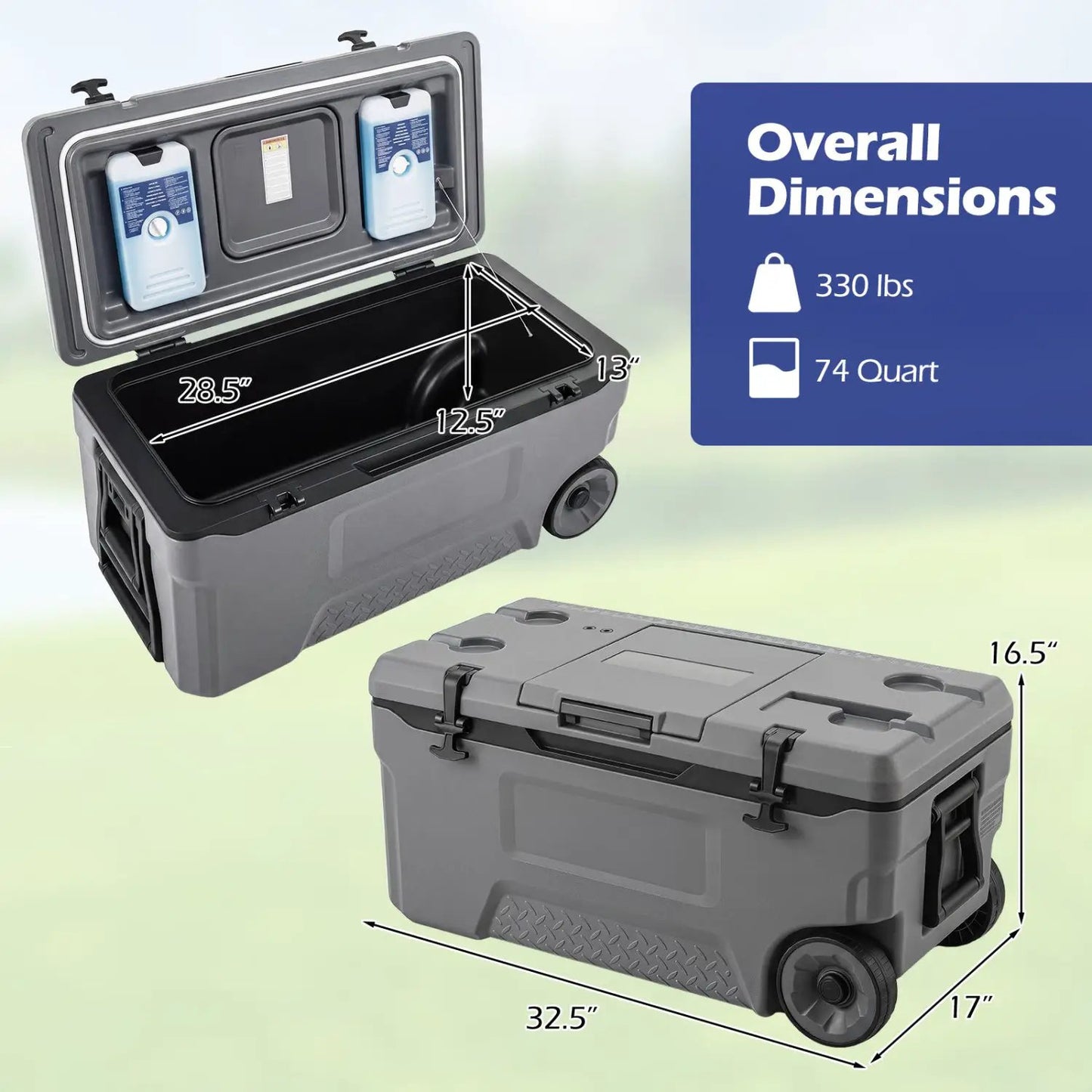 74 Quart Roller Cooler with Wheels and Fish Ruler