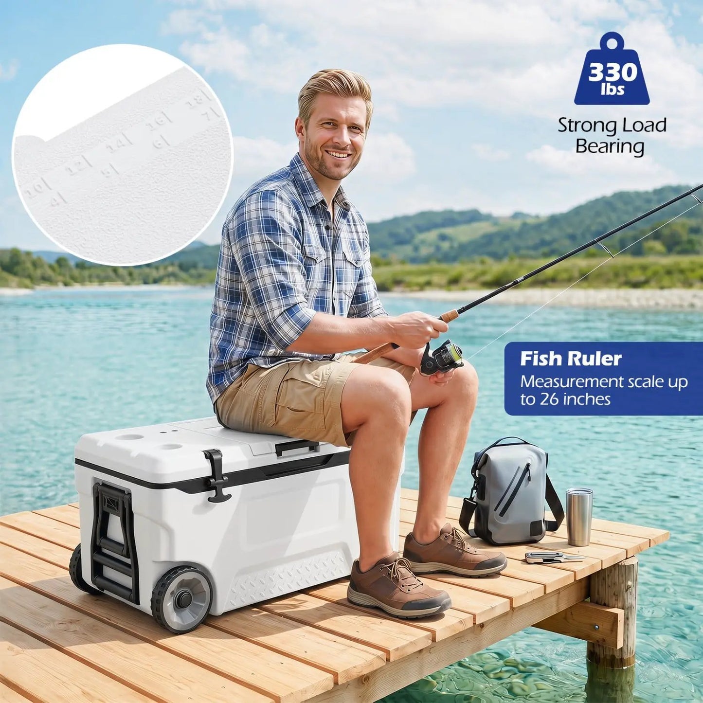 74 Quart Roller Cooler with Wheels and Fish Ruler
