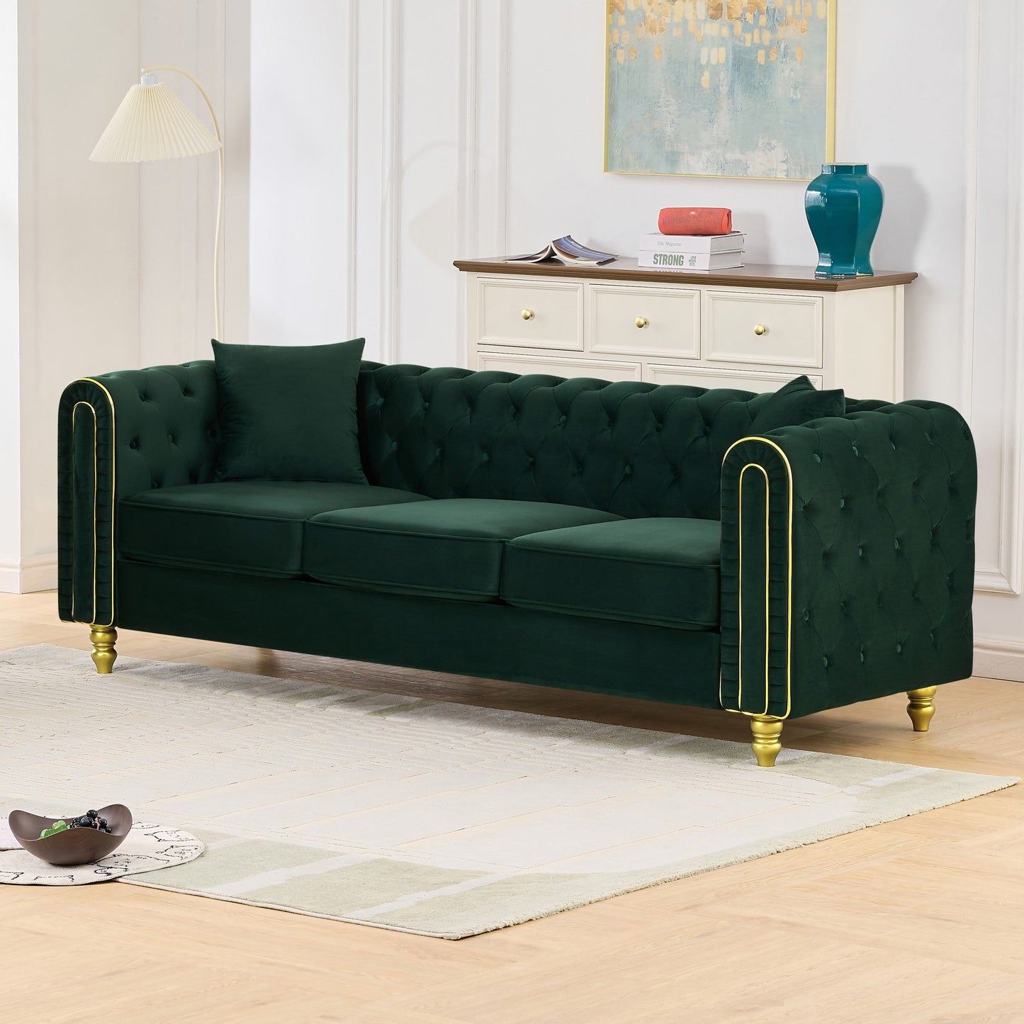 Modern 86 Inch Tufted Velvet And Gold Sofa