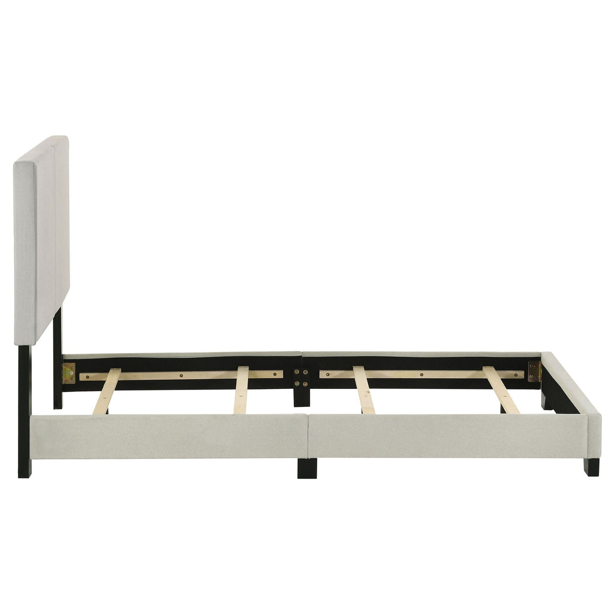 Efram Panel Bed by HouseOfZazla, upholstered platform bed in light gray fabric with black frame on Tampa Home & Garden Store