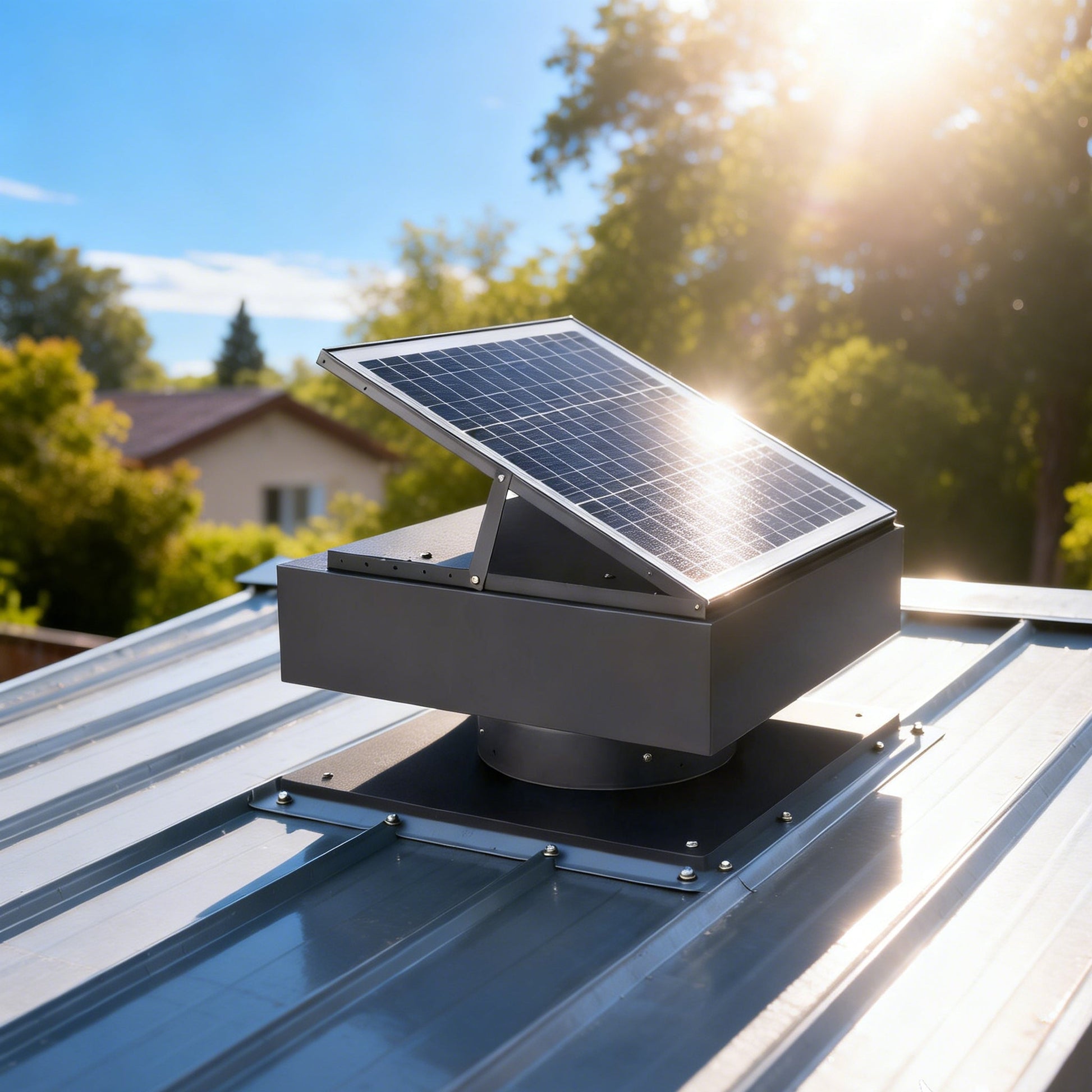 14in square solar roof exhaust fan by HouseOfZazla, 60W dual power attic ventilator on metal roof on Tampa Home & Garden Store