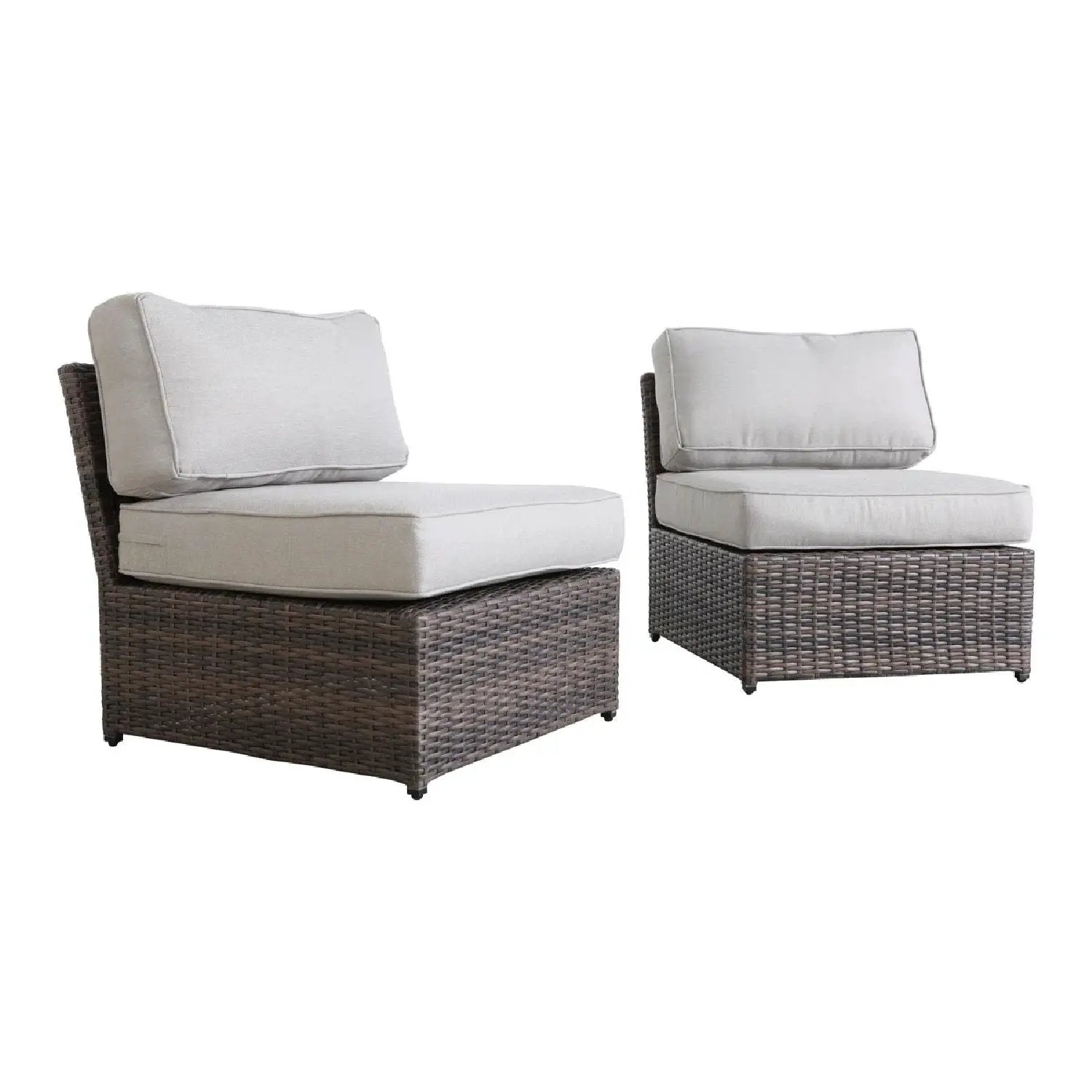 Set of two armless patio chairs with beige cushions on brown wicker frames Unique Piece Furniture on Tampa Home & Garden Store