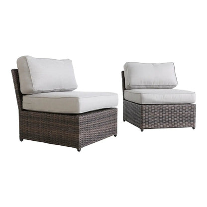 Set of two armless patio chairs with beige cushions on brown wicker frames Unique Piece Furniture on Tampa Home & Garden Store
