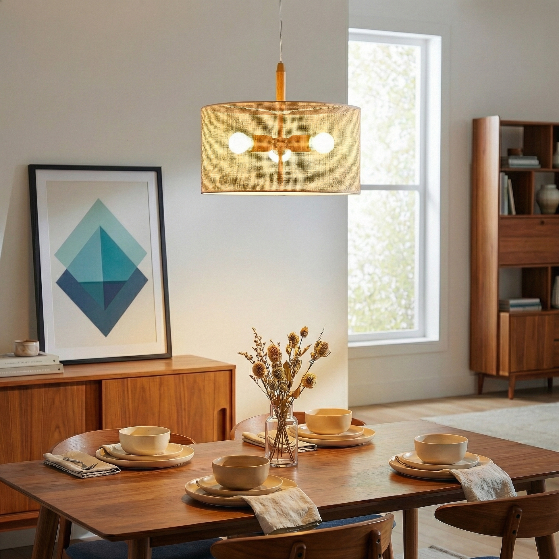 Glacier Pendant Lamp by HouseOfZazla with woven rattan shade and warm glow above a wooden dining table on Tampa Home & Garden Store