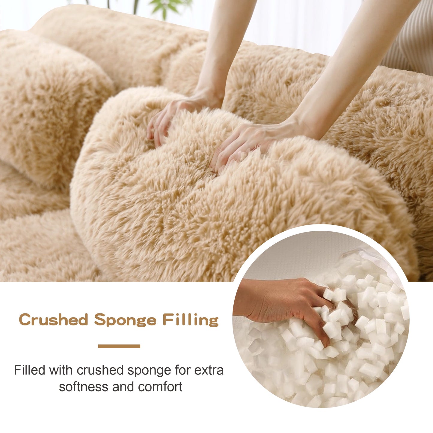 L-Shaped soft fluffy modular sectional sofa with beige plush fabric and crushed sponge filling on Tampa Home & Garden Store
