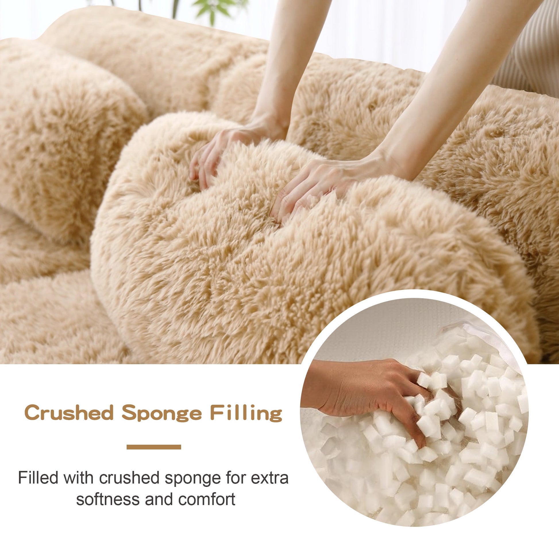 L-Shaped soft fluffy modular sectional sofa with beige plush fabric and crushed sponge filling on Tampa Home & Garden Store