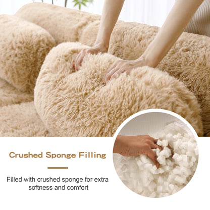 L-Shaped soft fluffy modular sectional sofa with beige plush fabric and crushed sponge filling on Tampa Home & Garden Store