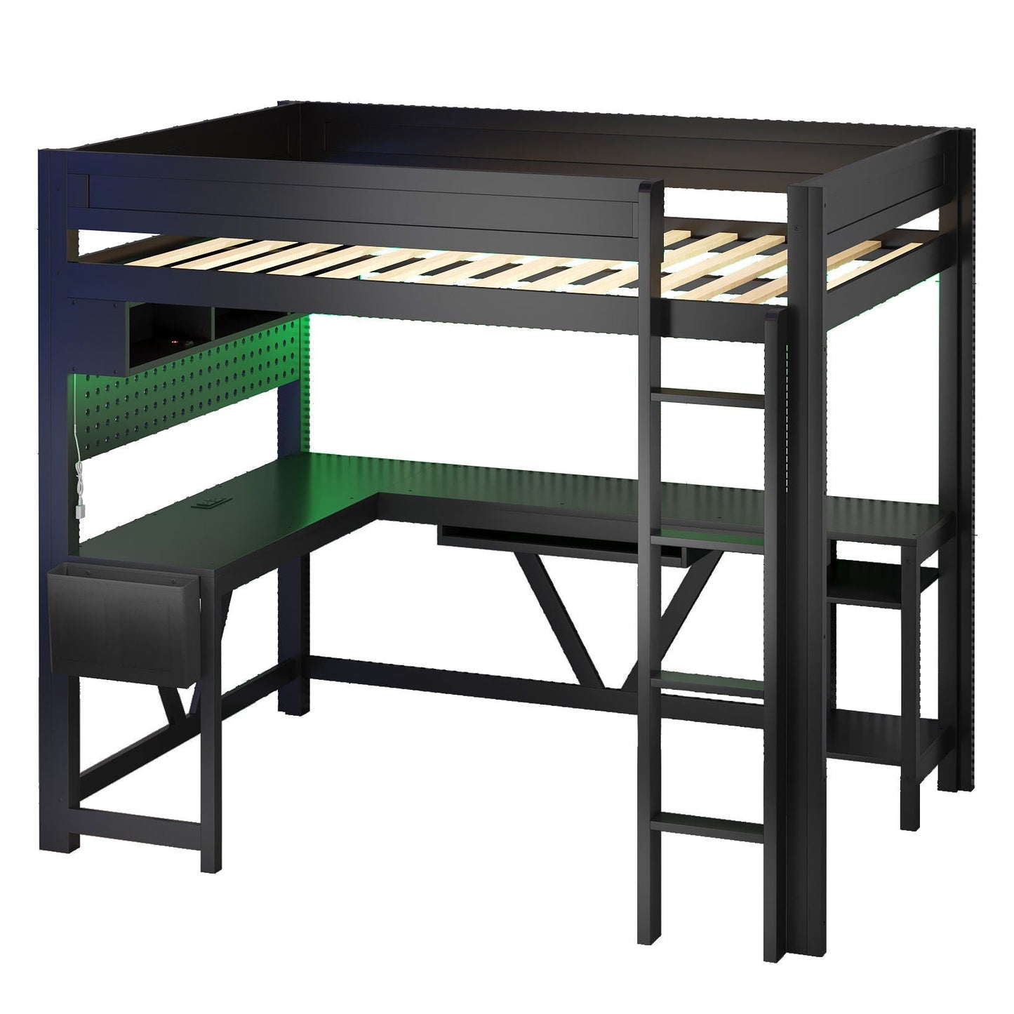 Gaming loft bed with desk, storage, LED and charging station in dark metal by HouseOfZazla on Tampa Home & Garden Store