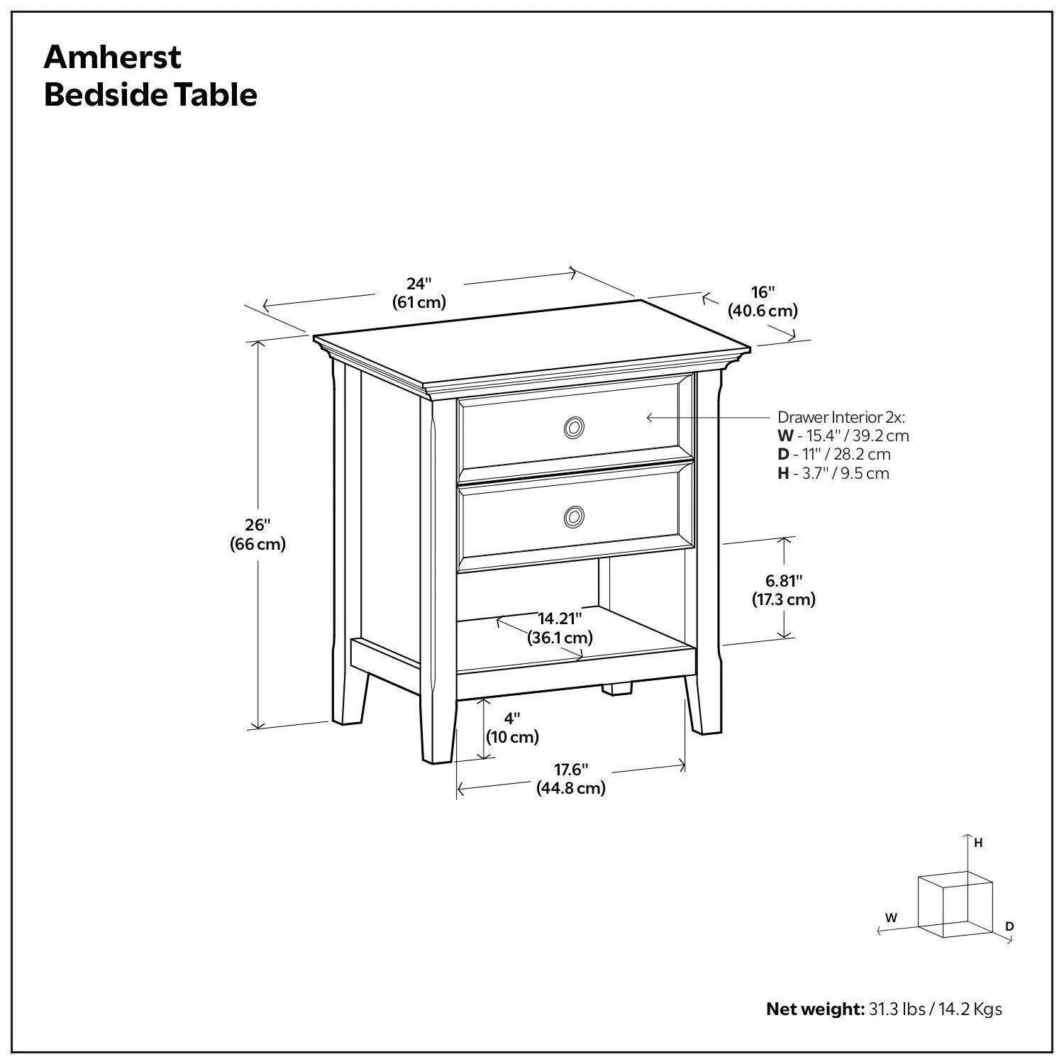 Amherst Bedside Table by Unique Piece Furniture, wood table with 2 drawers 24W x 16D x 26H on Tampa Home & Garden Store