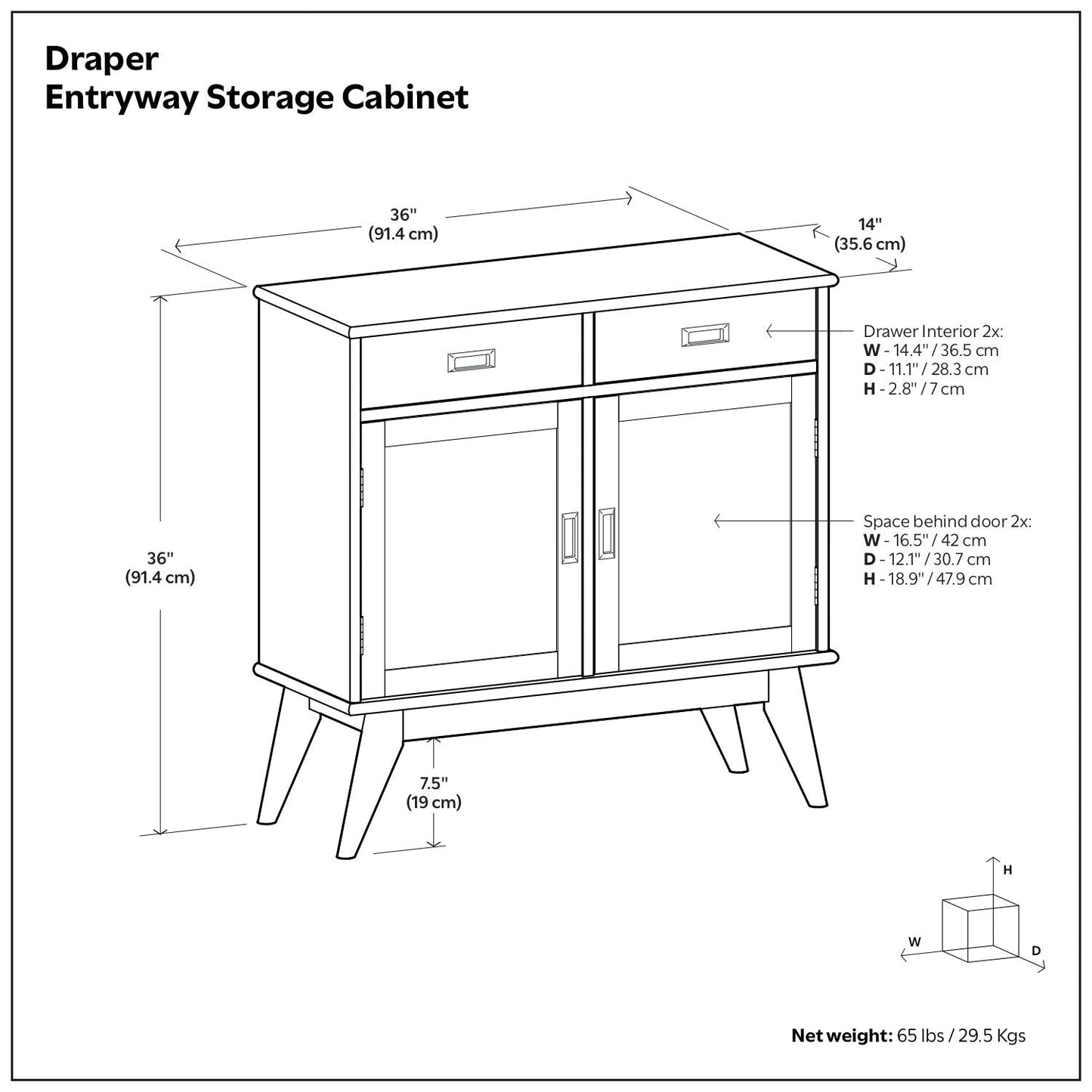 Draper entryway storage cabinet brown with 2 top drawers and 2 doors on legs on Tampa Home & Garden Store