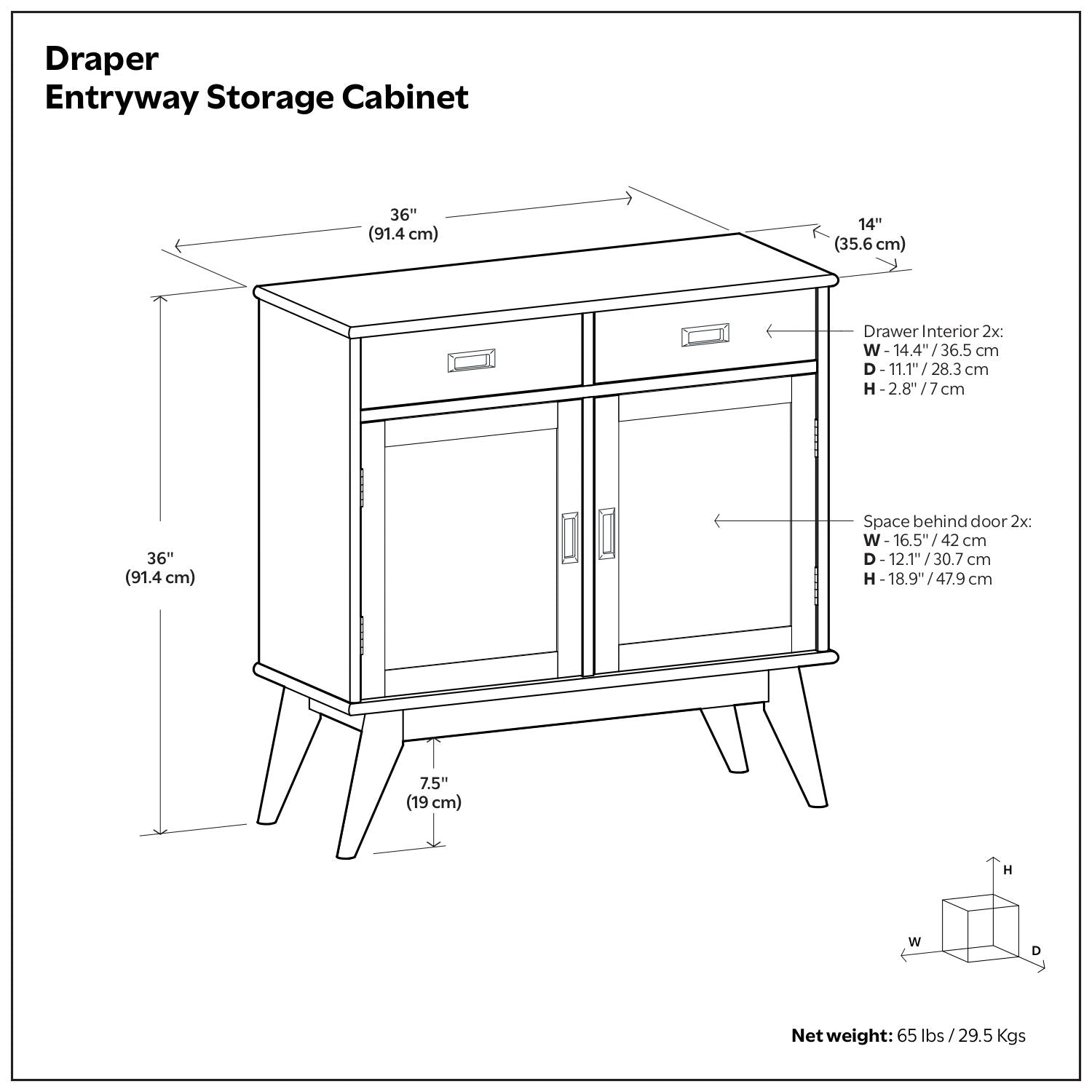 Draper entryway storage cabinet brown with 2 top drawers and 2 doors on legs on Tampa Home & Garden Store