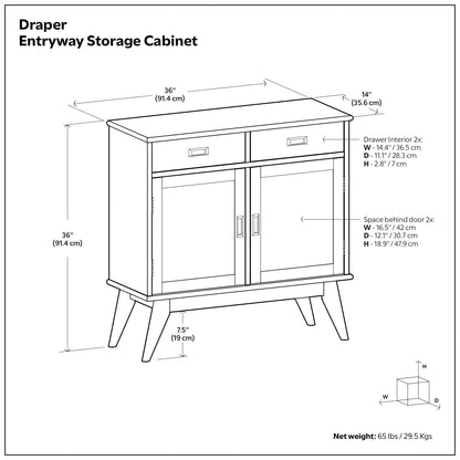 Draper entryway storage cabinet brown with 2 top drawers and 2 doors on legs on Tampa Home & Garden Store
