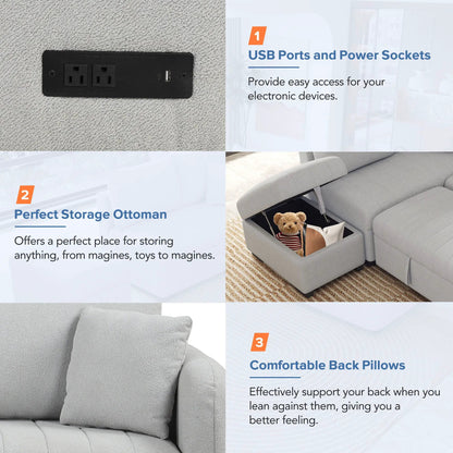 L-shaped sleeper sectional sofa with movable storage ottoman and USB ports and power sockets on Tampa Home & Garden Store