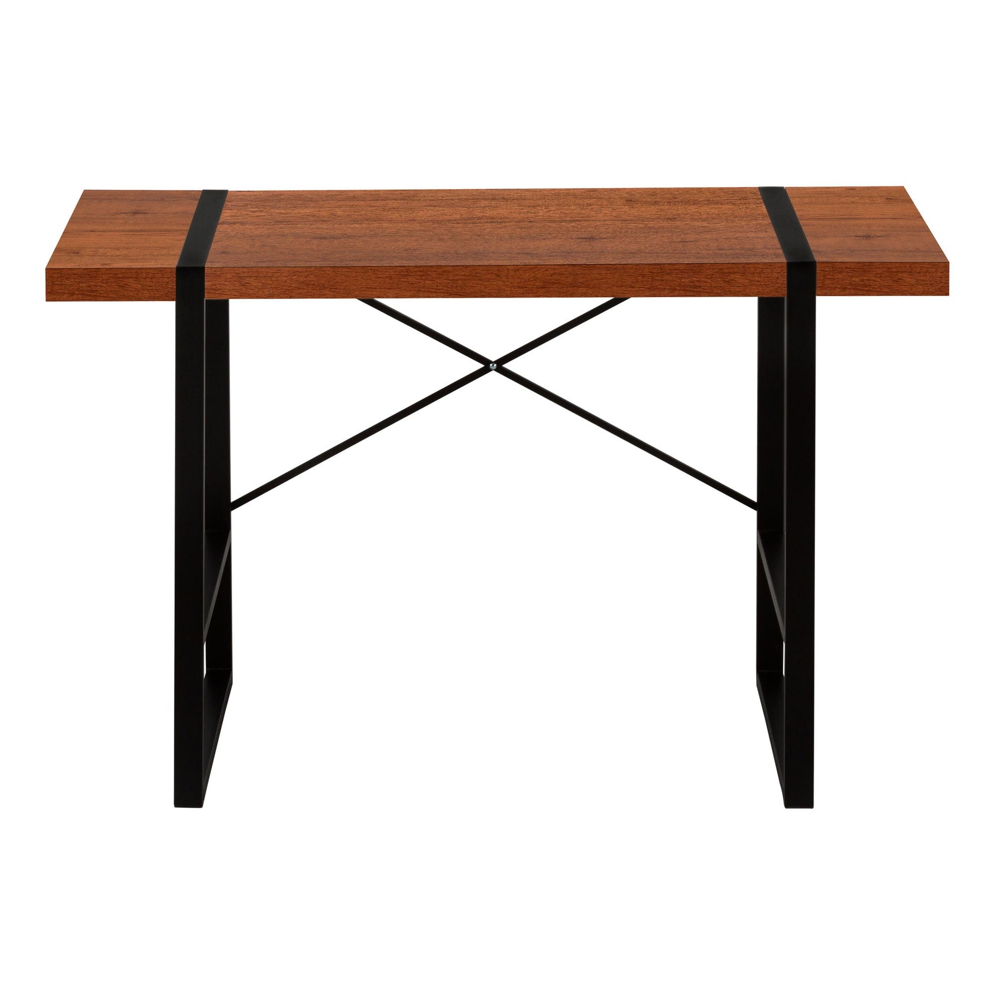 Industrial design computer desk with warm wood top and black metal legs with crisscross braces on Tampa Home & Garden Store