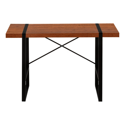 Industrial design computer desk with warm wood top and black metal legs with crisscross braces on Tampa Home & Garden Store