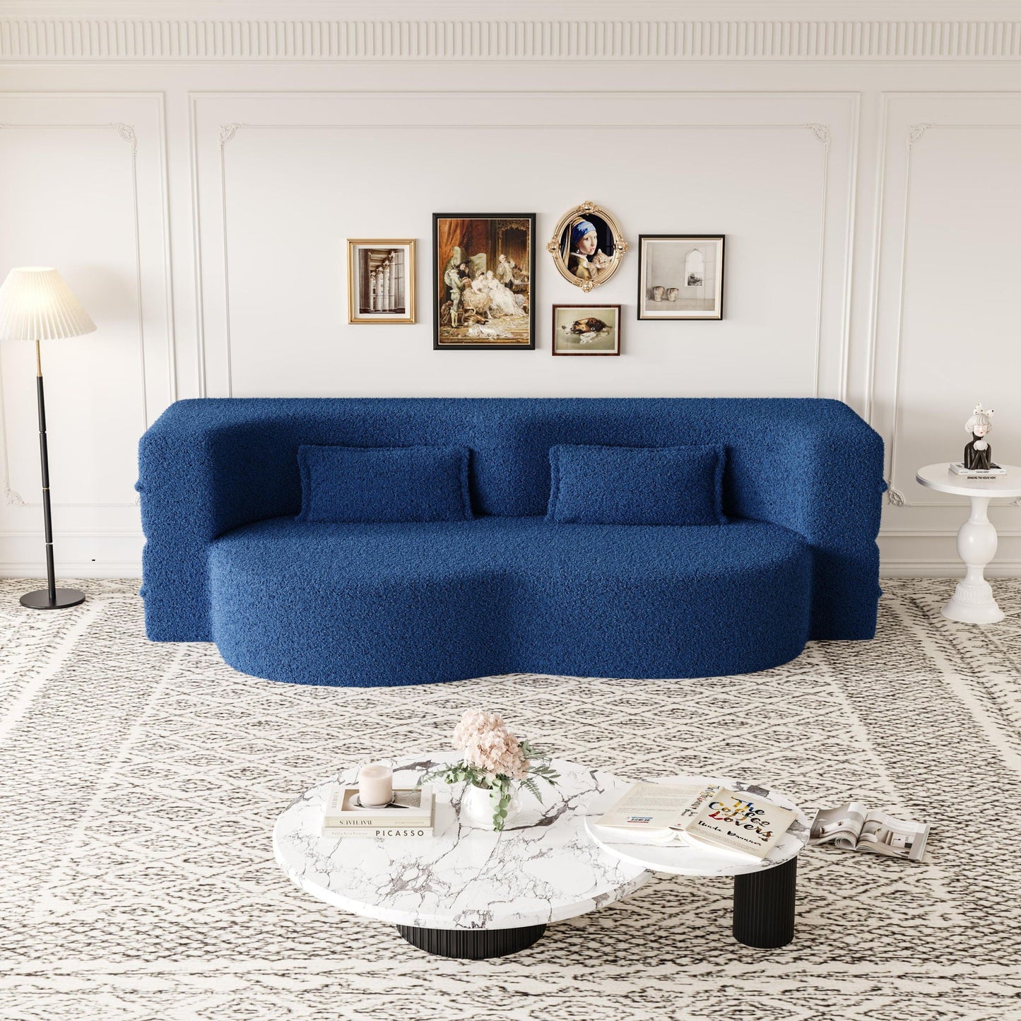 Futon sofa in blue teddy-fabric with two pillows, foam-filled convertible bed on Tampa Home & Garden Store