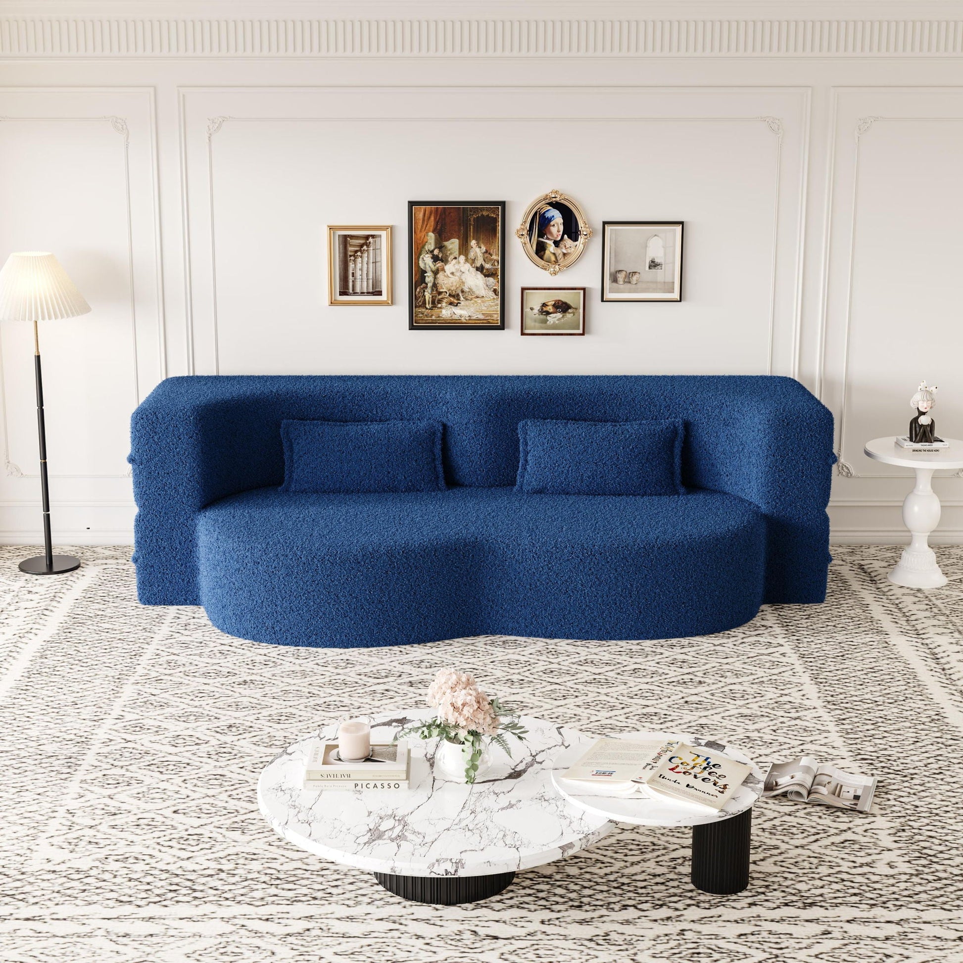 Futon sofa in blue teddy-fabric with two pillows, foam-filled convertible bed on Tampa Home & Garden Store