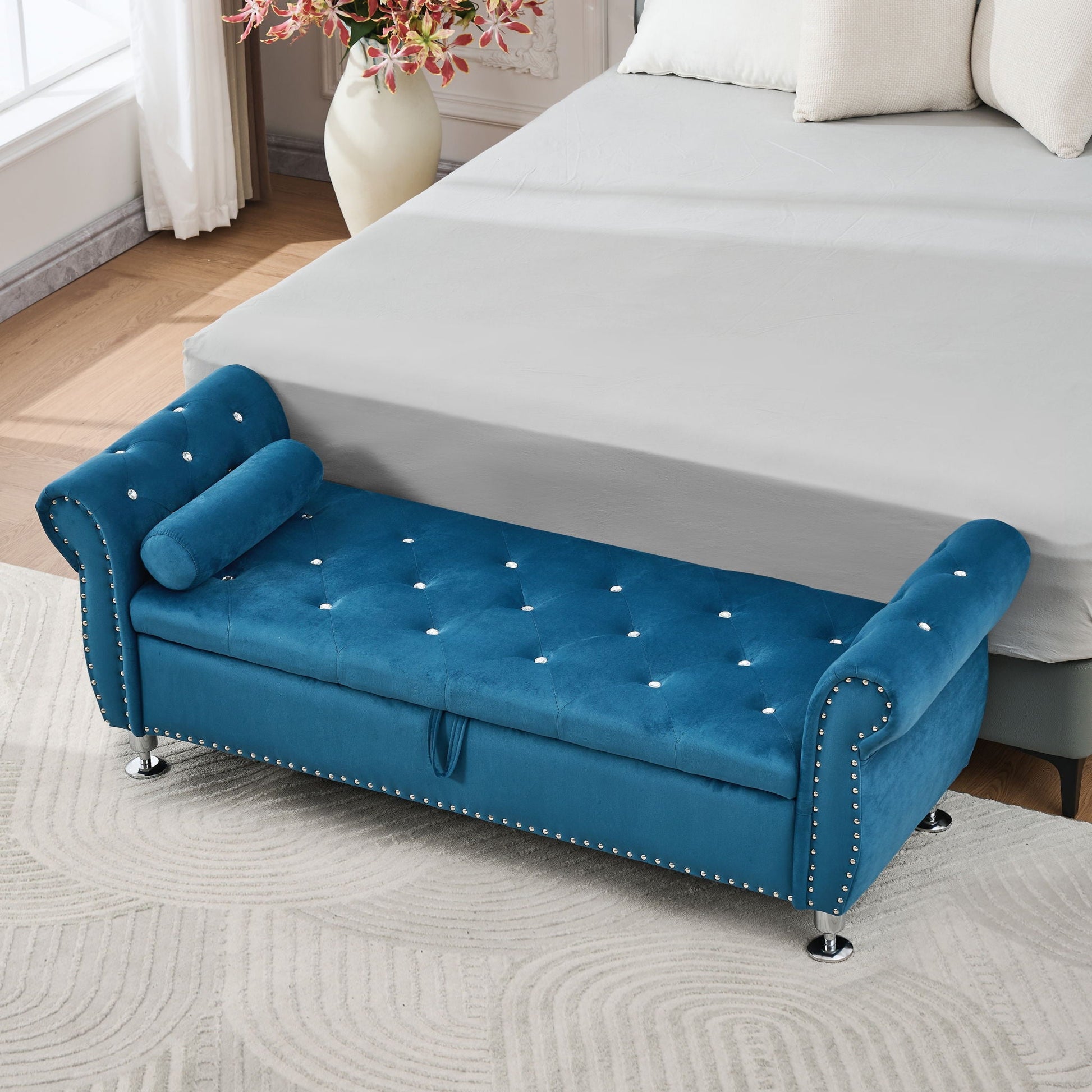 Storage bench blue velvet with crystal button tufting and 1 pillow, HouseOfZazla on Tampa Home & Garden Store