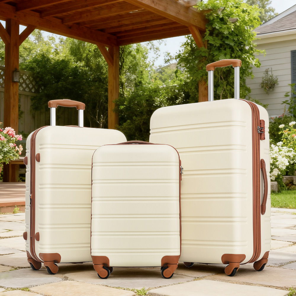 3 piece hardside spinner luggage set in cream with brown trim and TSA locks (20in 24in 28in) on Tampa Home & Garden Store