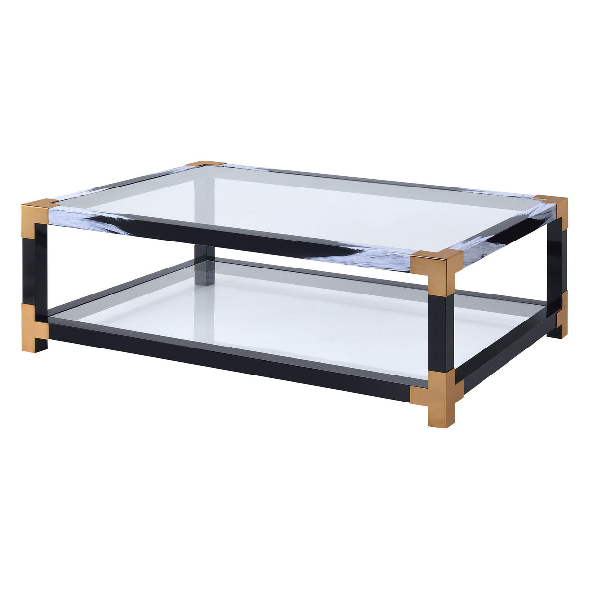 Lafty Glass Coffee Table Multi, black frame with gold corners, glass top, by HouseOfZazla on Tampa Home & Garden Store