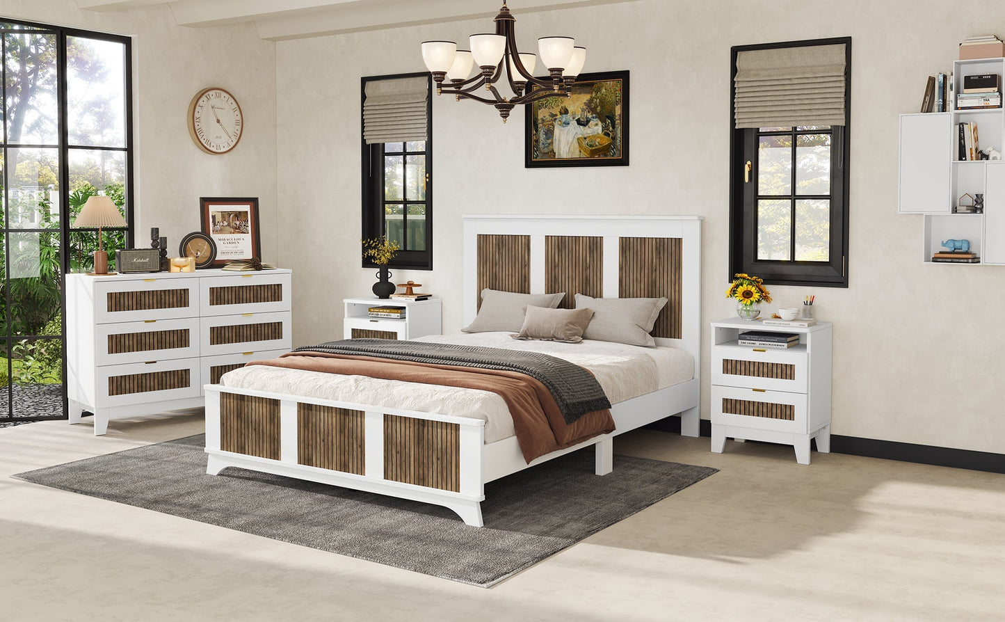 4-Piece Queen Farmhouse Bed Set with Storage white wood slat panels, nightstands HouseOfZazla on Tampa Home & Garden Store