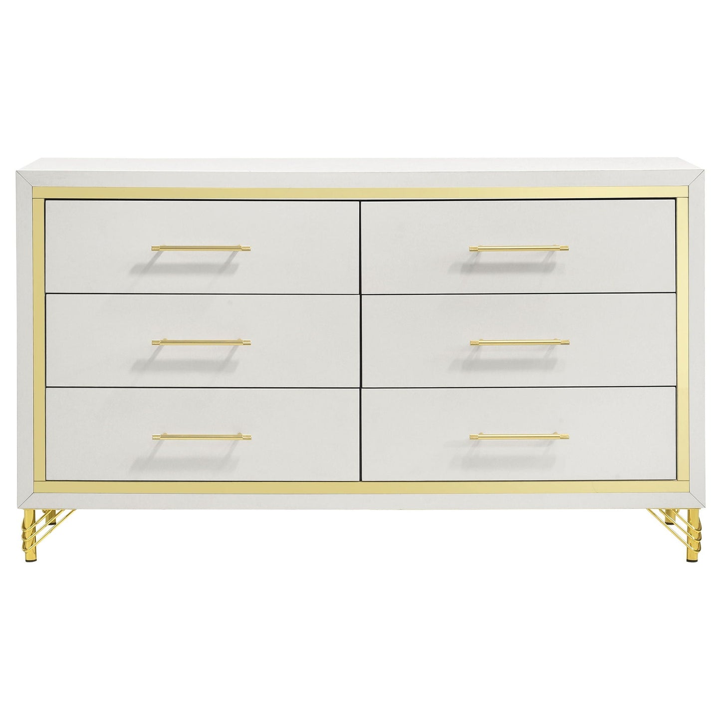 Malcolm dresser from 5 Piece Bedroom Set in white with gold trim and gold handles on Tampa Home & Garden Store