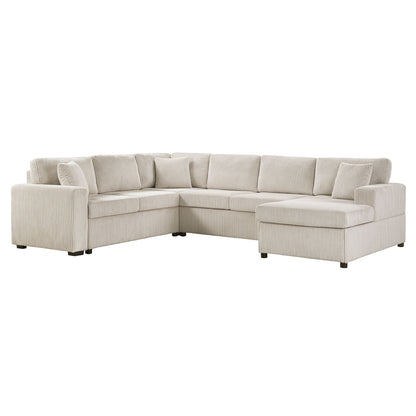 Oversized U-shaped sectional sofa with chaise in beige corduroy and three throw pillows on Tampa Home & Garden Store