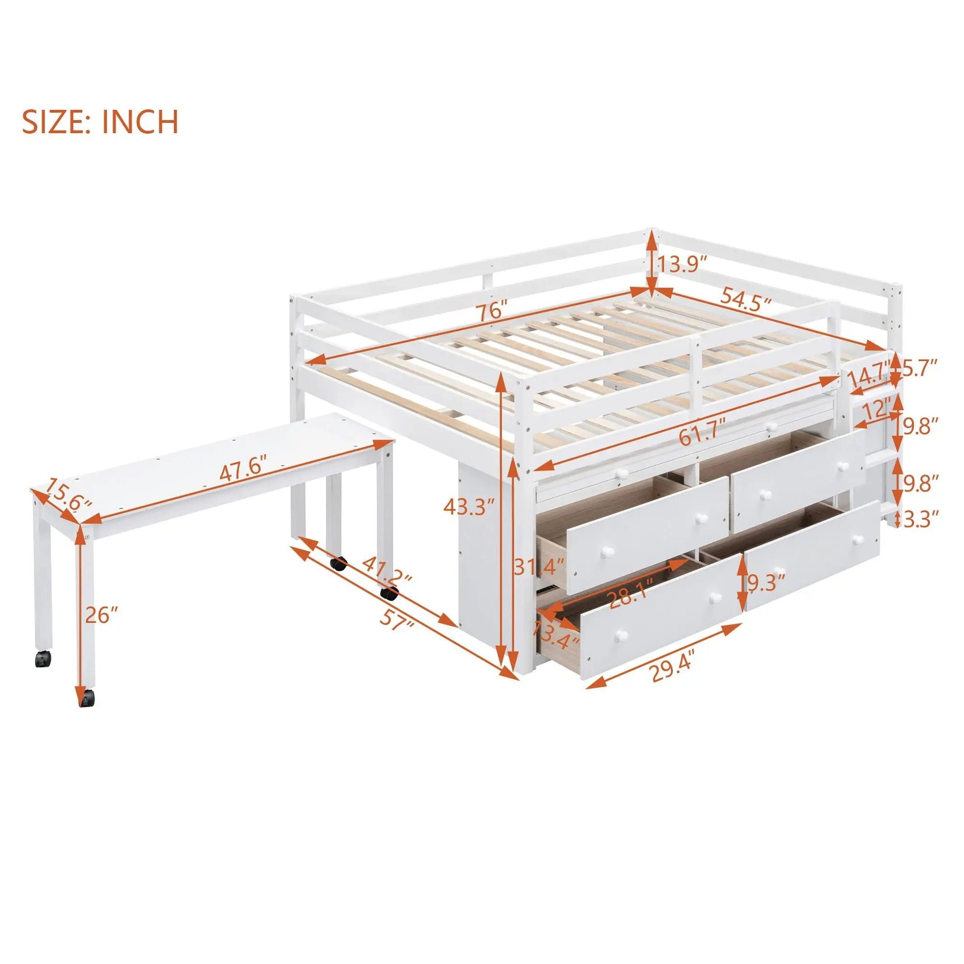 Loft bed with retractable desk and 4 drawers, white finish, side portable desk and shelves by Unique Piece Furniture on Tampa Home & Garden Store