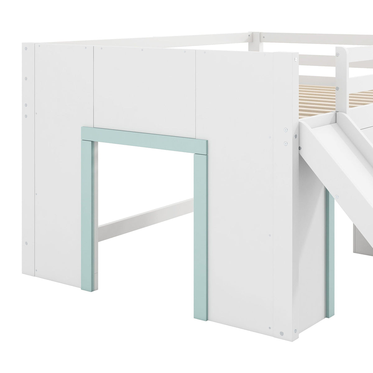 Modern low loft bed with slide and 2 doors, white finish with teal legs, 3 storage drawers on Tampa Home & Garden Store