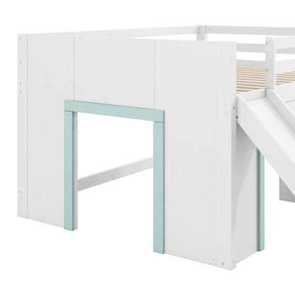 Modern low loft bed with slide and 2 doors, white finish with teal legs, 3 storage drawers on Tampa Home & Garden Store