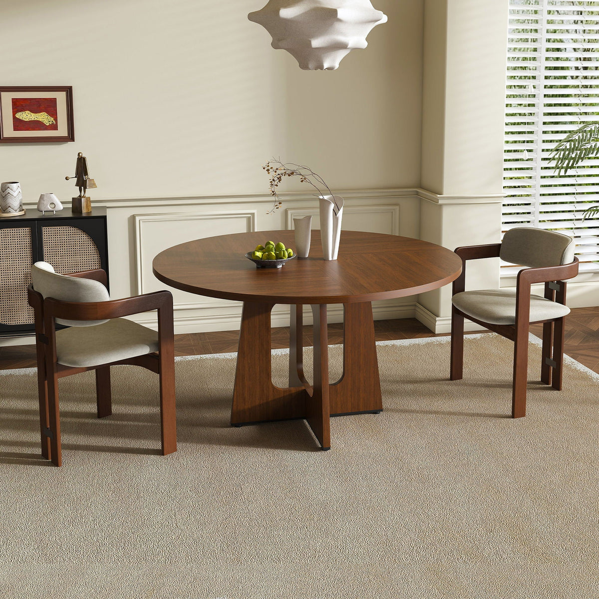 Round dining table for 4 in dark brown wood with pedestal base on Tampa Home & Garden Store