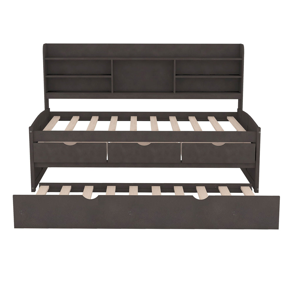 Captain bed with built-in bookshelves, 3 storage drawers, and trundle in dark espresso on Tampa Home & Garden Store