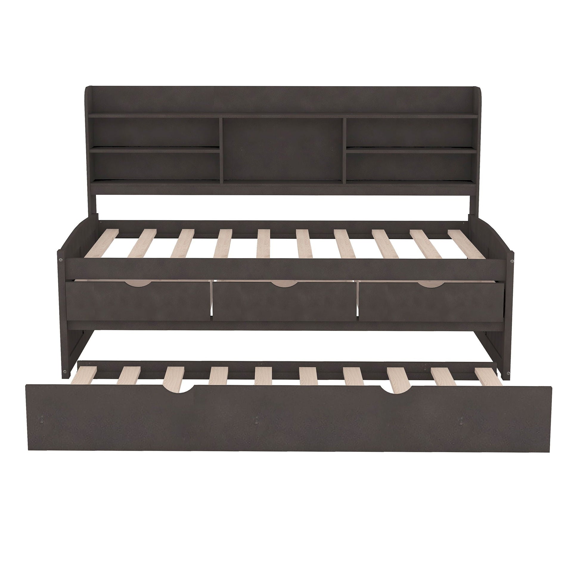 Captain bed with built-in bookshelves, 3 storage drawers, and trundle in dark espresso on Tampa Home & Garden Store
