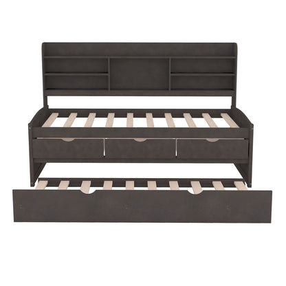 Captain bed with built-in bookshelves, 3 storage drawers, and trundle in dark espresso on Tampa Home & Garden Store
