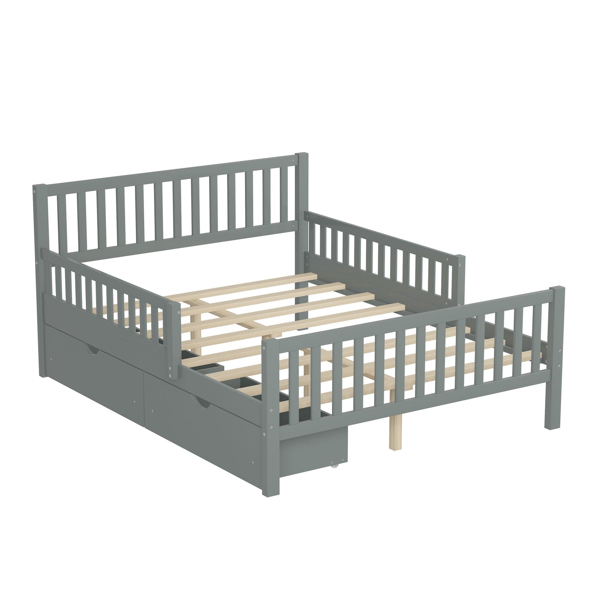 Platform bed with guardrails on both sides in gray featuring two under-bed storage drawers, HouseOfZazla on Tampa Home & Garden Store