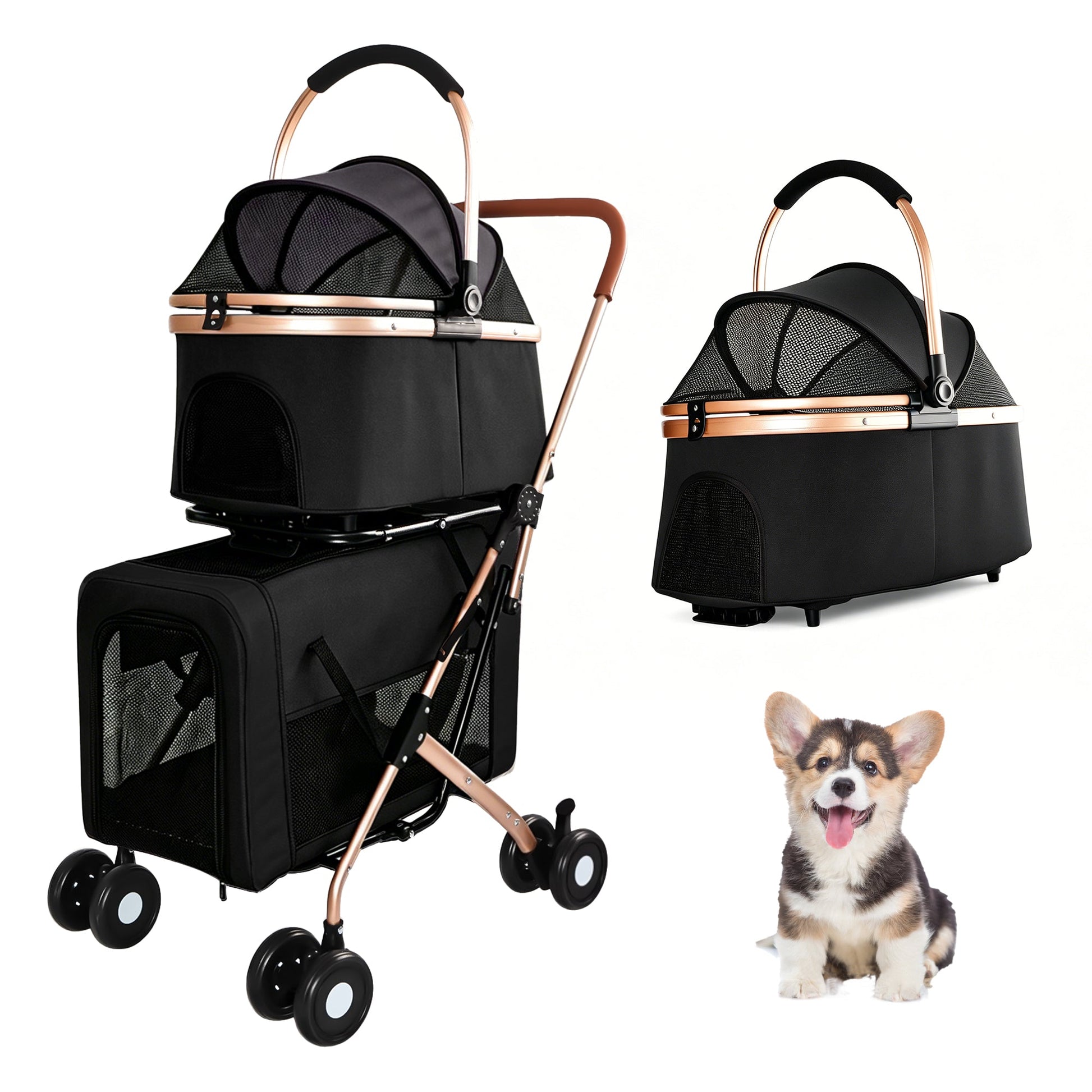 Double Pet Stroller Small/Med Dogs Cats by HouseOfZazla; black stroller with rose-gold frame 2pcs on Tampa Home & Garden Store