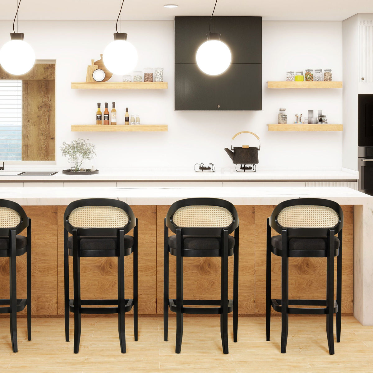 Mid-Century cane-back counter-height stool with black frame and beige caned seat, six stools on Tampa Home & Garden Store
