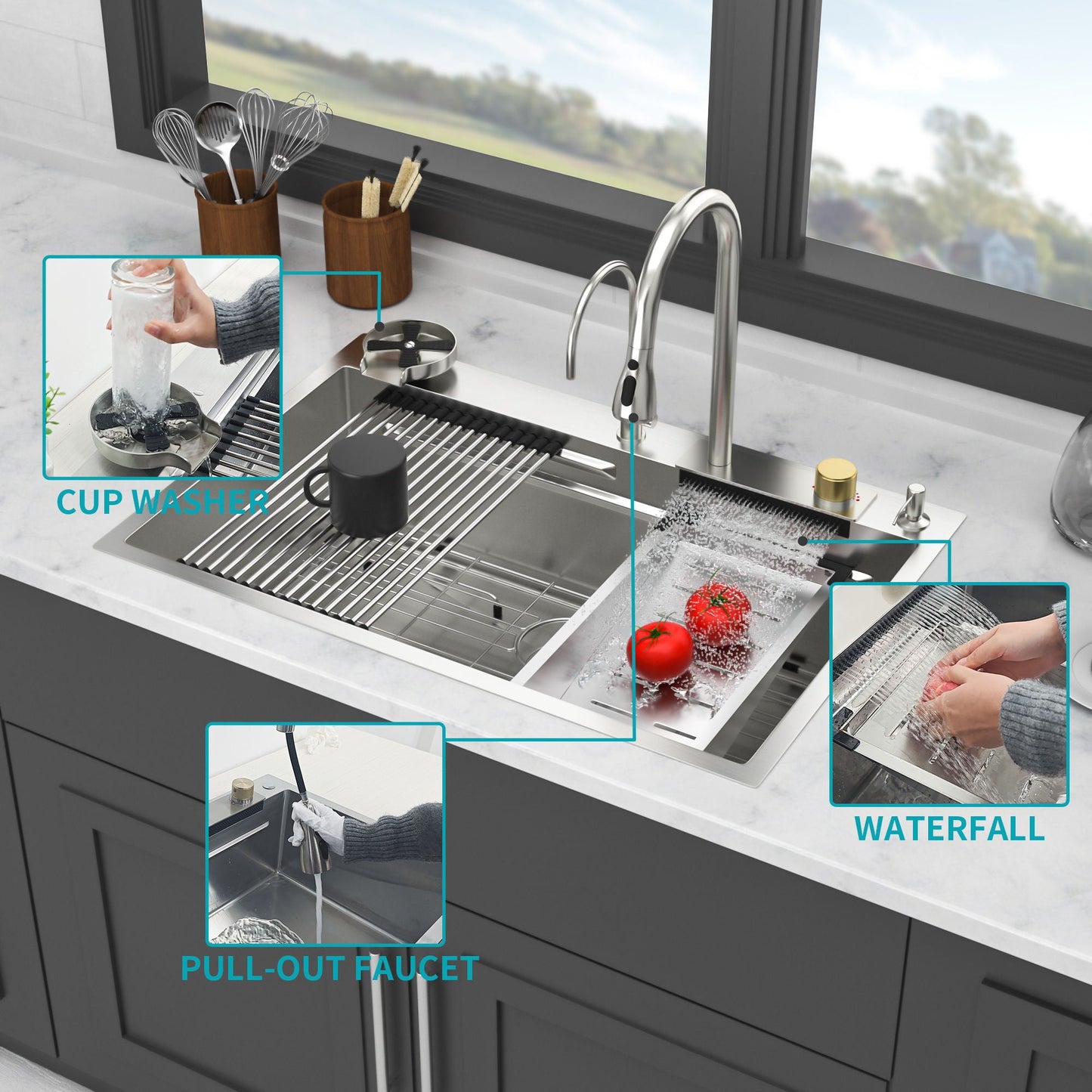 Brushed Waterfall Sink with Faucet and Cup Washer