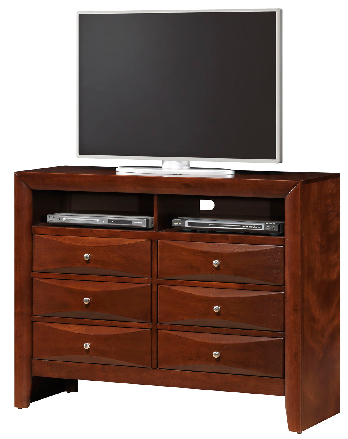 Media Chest with modern beveled drawers in dark wood finish supporting a flat-screen TV on Tampa Home & Garden Store