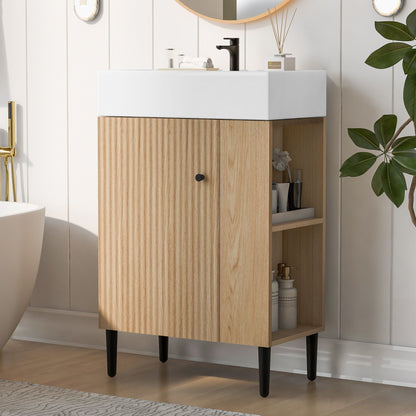 Bathroom vanity with white ceramic sink on oak cabinet, black faucet, side storage on Tampa Home & Garden Store