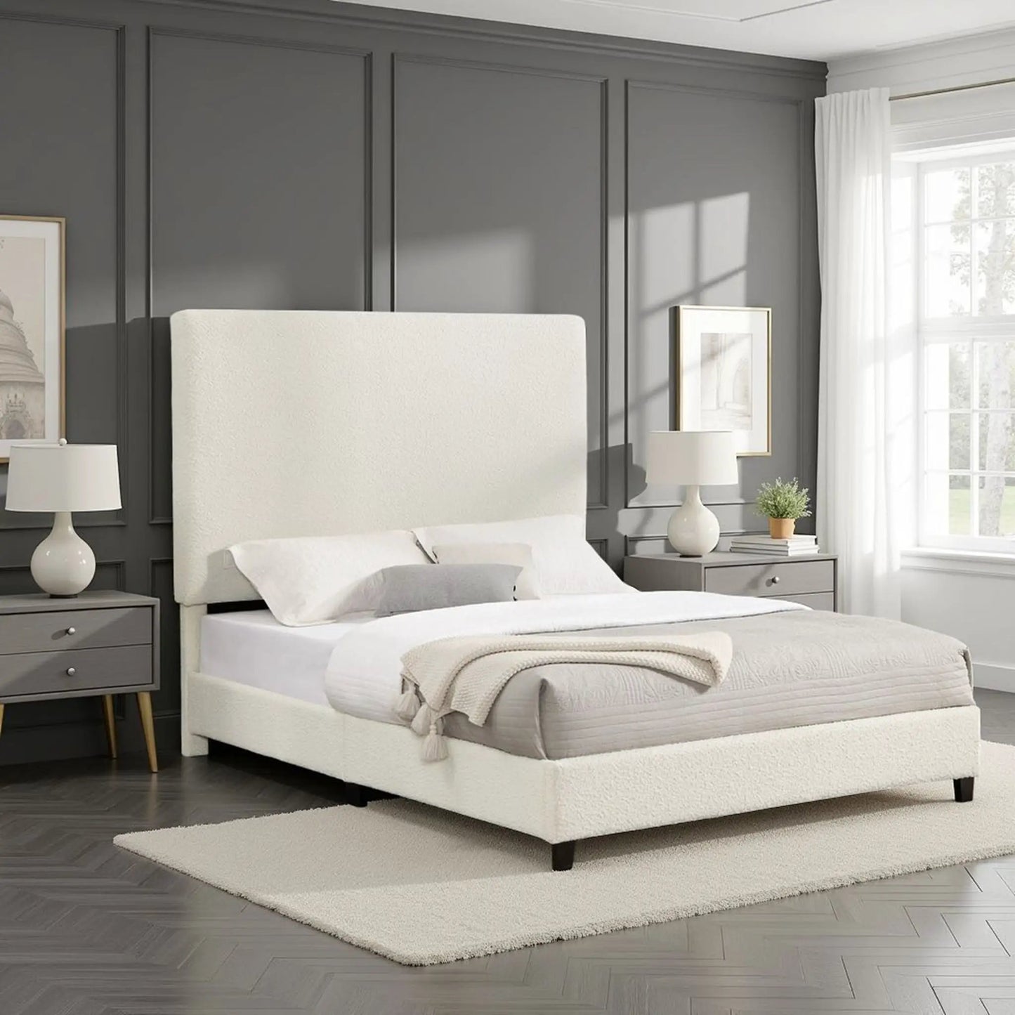 Upholstered headboard platform bed in light cream fabric with gray walls in a chic bedroom on Tampa Home & Garden Store