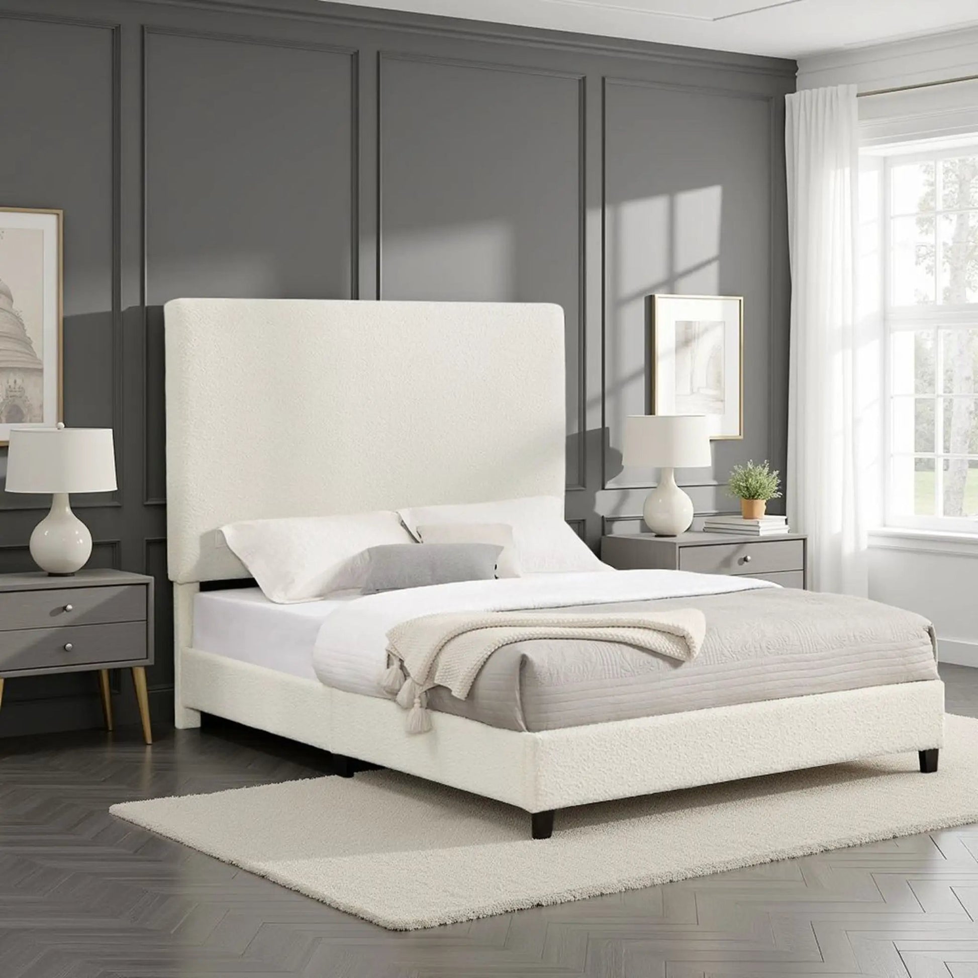 Upholstered headboard platform bed in light cream fabric with gray walls in a chic bedroom on Tampa Home & Garden Store