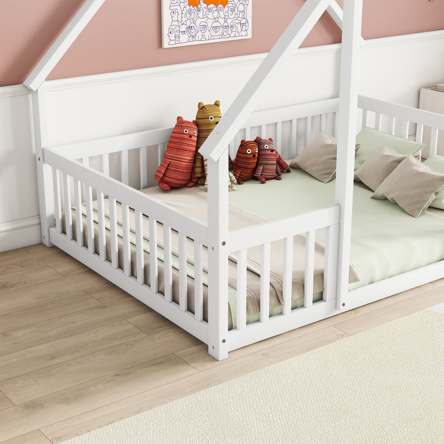 A Wood House Floor Bed with Guardrail Fence