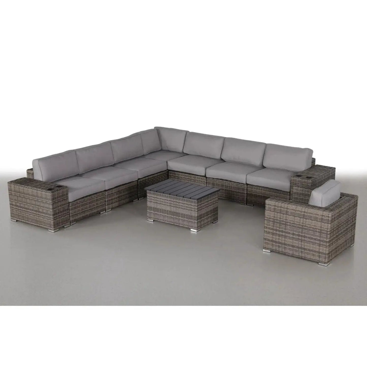 Modern patio rattan sectional set with gray cushions and coffee table by Unique Piece Furniture on Tampa Home & Garden Store