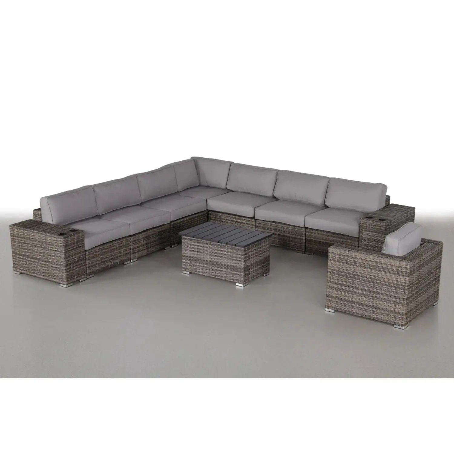 Modern patio rattan sectional set with gray cushions and coffee table by Unique Piece Furniture on Tampa Home & Garden Store