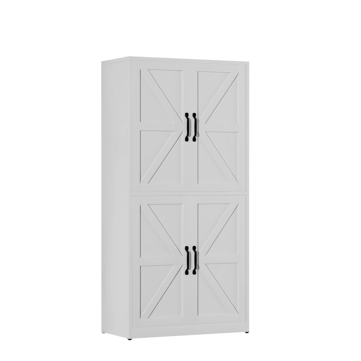 Kitchen pantry cabinet with adjustable shelves, white finish, X-panel doors, black handles on Tampa Home & Garden Store