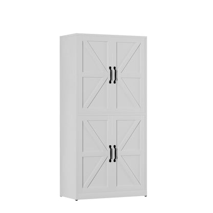 Kitchen pantry cabinet with adjustable shelves, white finish, X-panel doors, black handles on Tampa Home & Garden Store