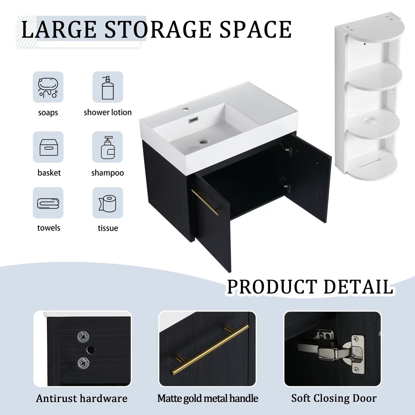 Modern Wall Mounted Vanity Resin Sink and Rack