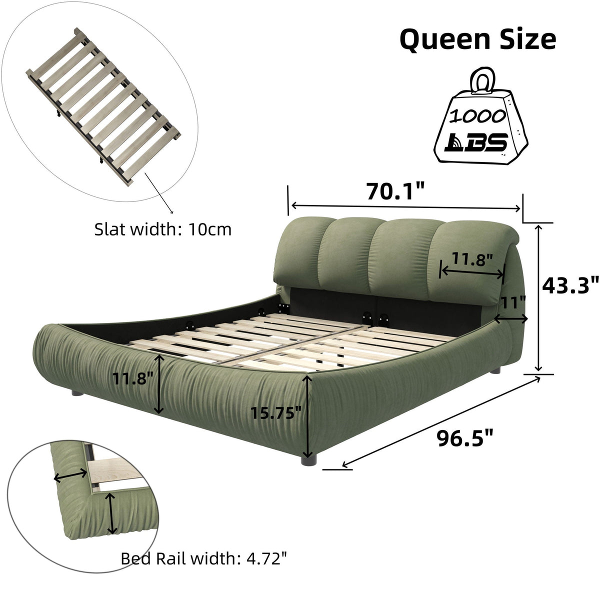 Upholstered platform bed with padded backrest and solid wood frame in sage green by HouseOfZazla on Tampa Home & Garden Store